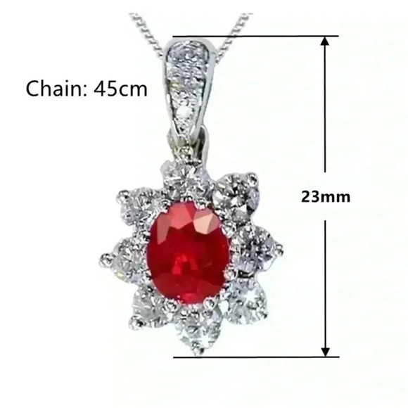 NEW Gorgeous 925 Sterling Silver Ruby and White Sapphires Flower Necklace - Picture 3 of 3